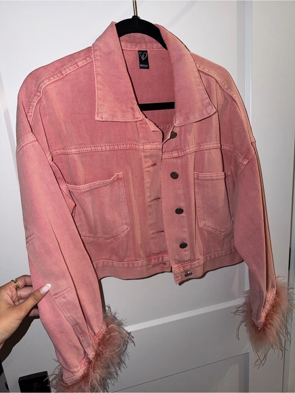 Pink Feather-Trim Cropped Denim Jacket - Unbranded